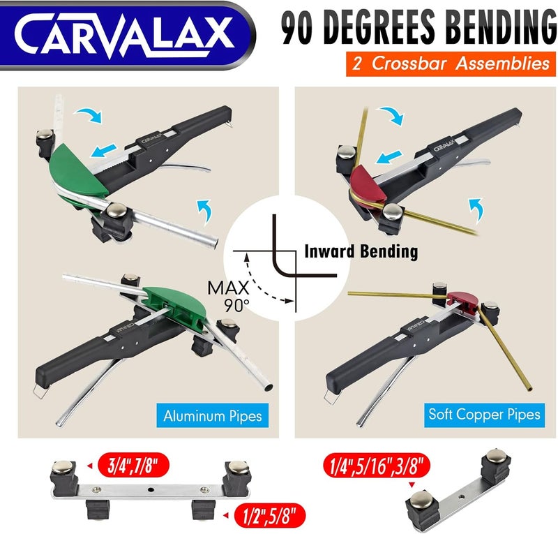 CARVALAX 90° Ratcheting Pipe Tube Bender Set: 1/4" to 7/8" O.D. with 7-Color Aluminum Heads – LITE MODEL (No Reverse) with Tube Cutter & Deburring for HVAC, Air Conditioning and Hydraulic Applications - Image 2